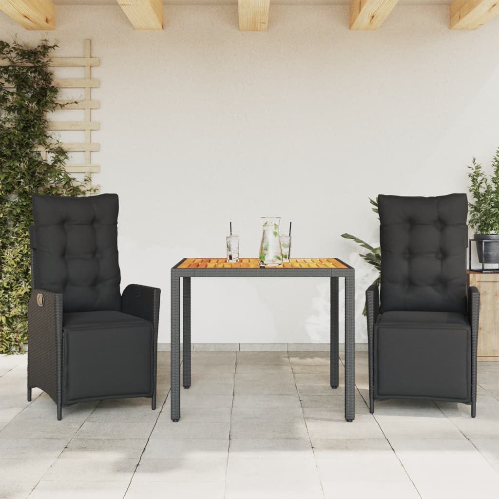 vidaXL 3-Piece Garden Lounge Set with Cushions Poly Rattan Black