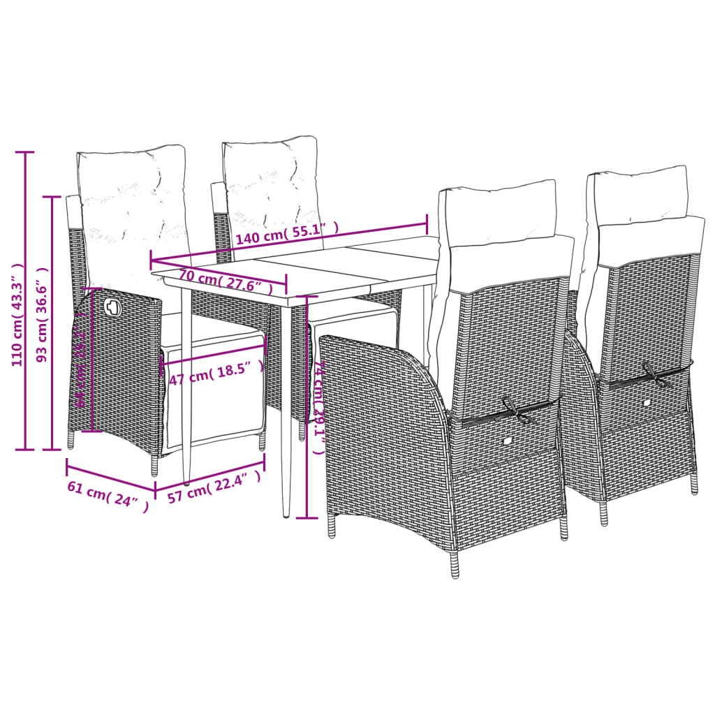 vidaXL 3-delige Tuinset met kussens poly rattan zwart