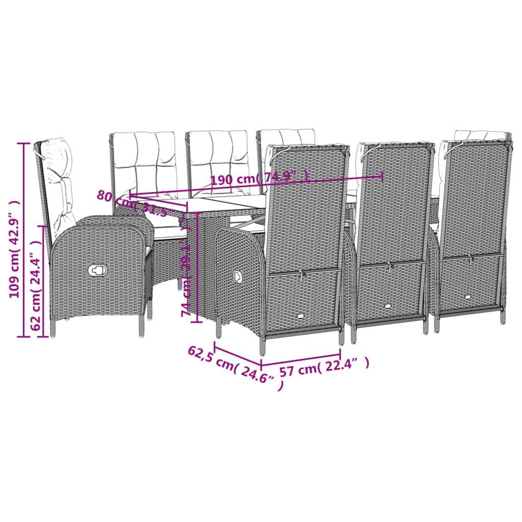 vidaXL 7-delige Tuinset met kussens poly rattan zwart