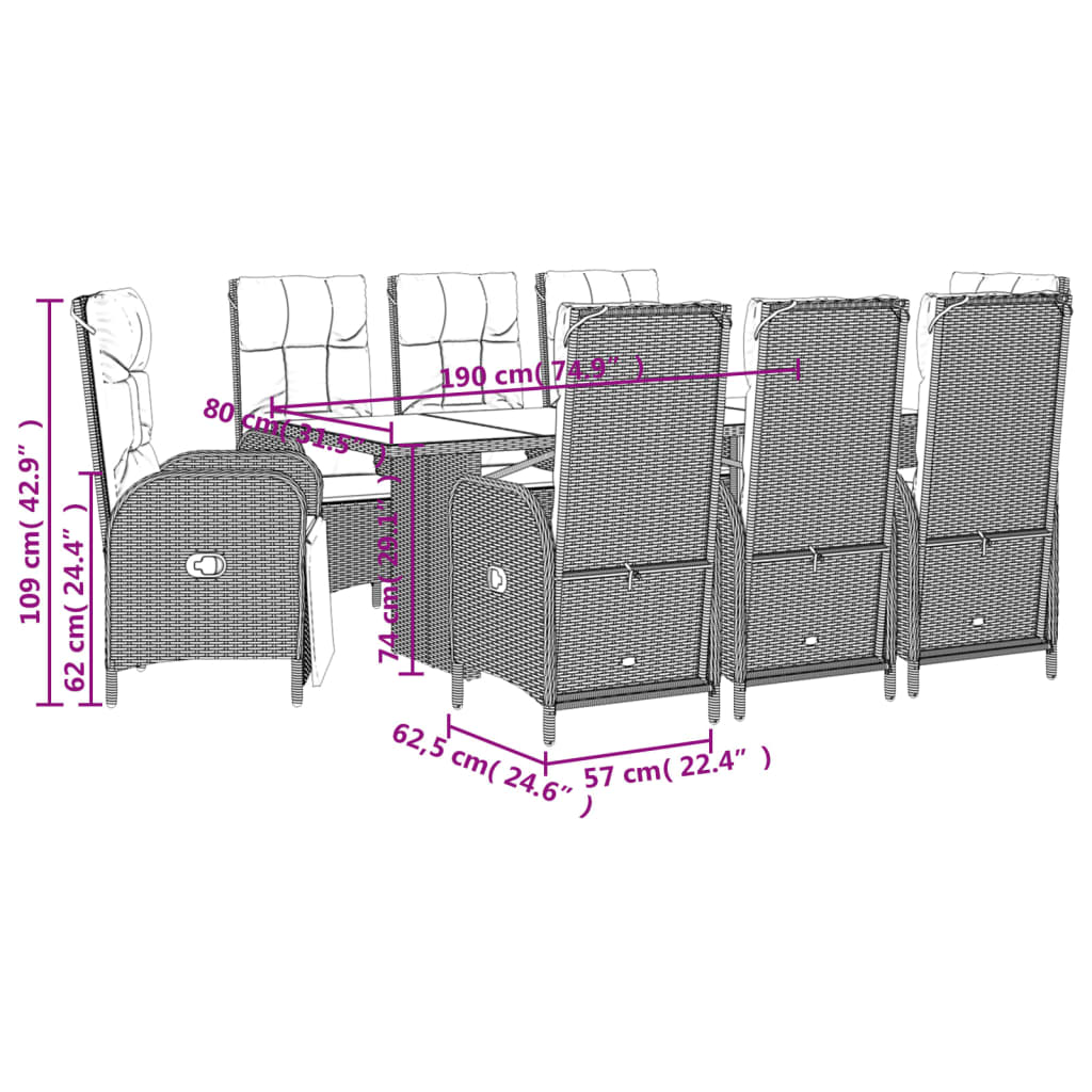 vidaXL 7-delige Tuinset met kussens poly rattan zwart