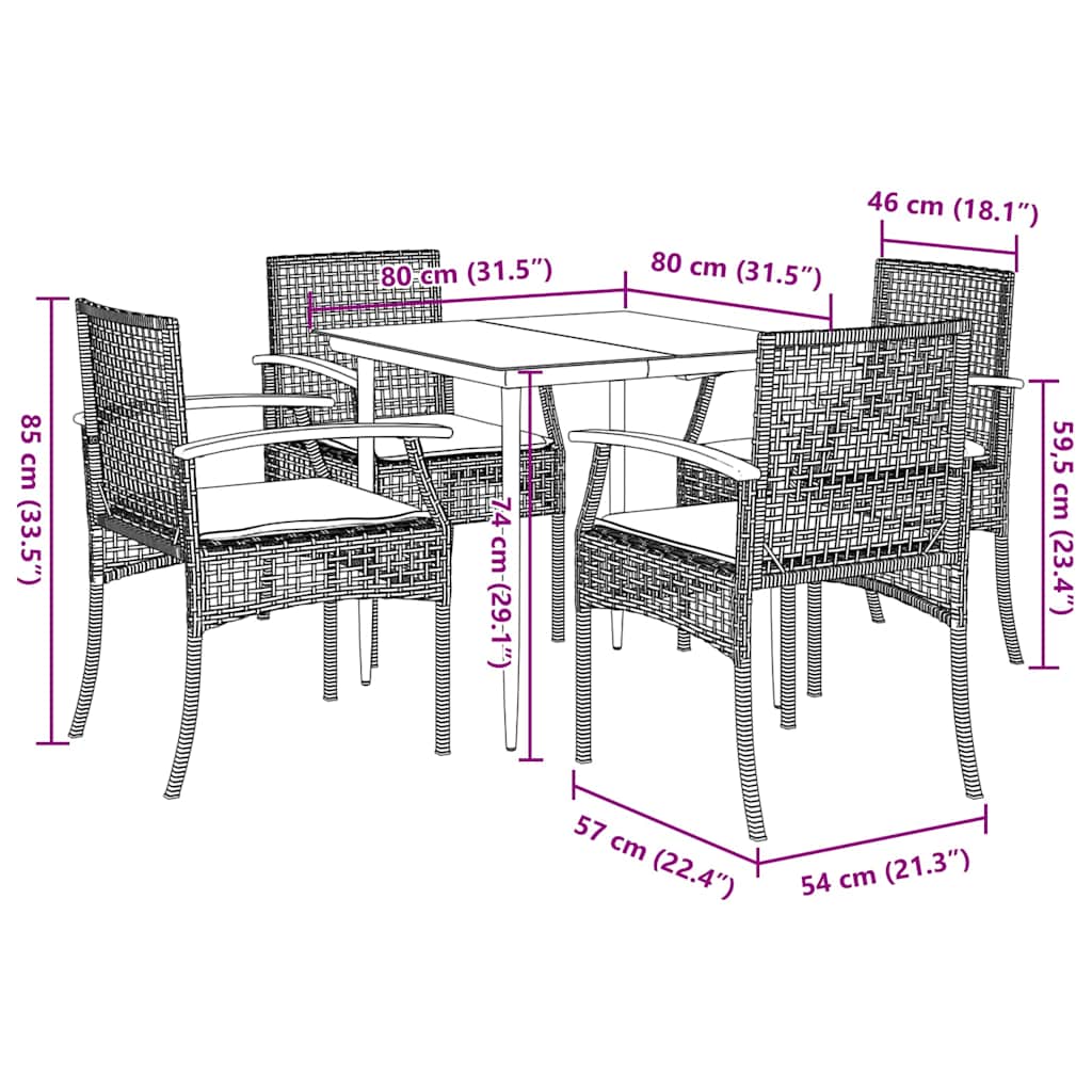 vidaXL 3-delige Tuinset met kussens poly rattan zwart