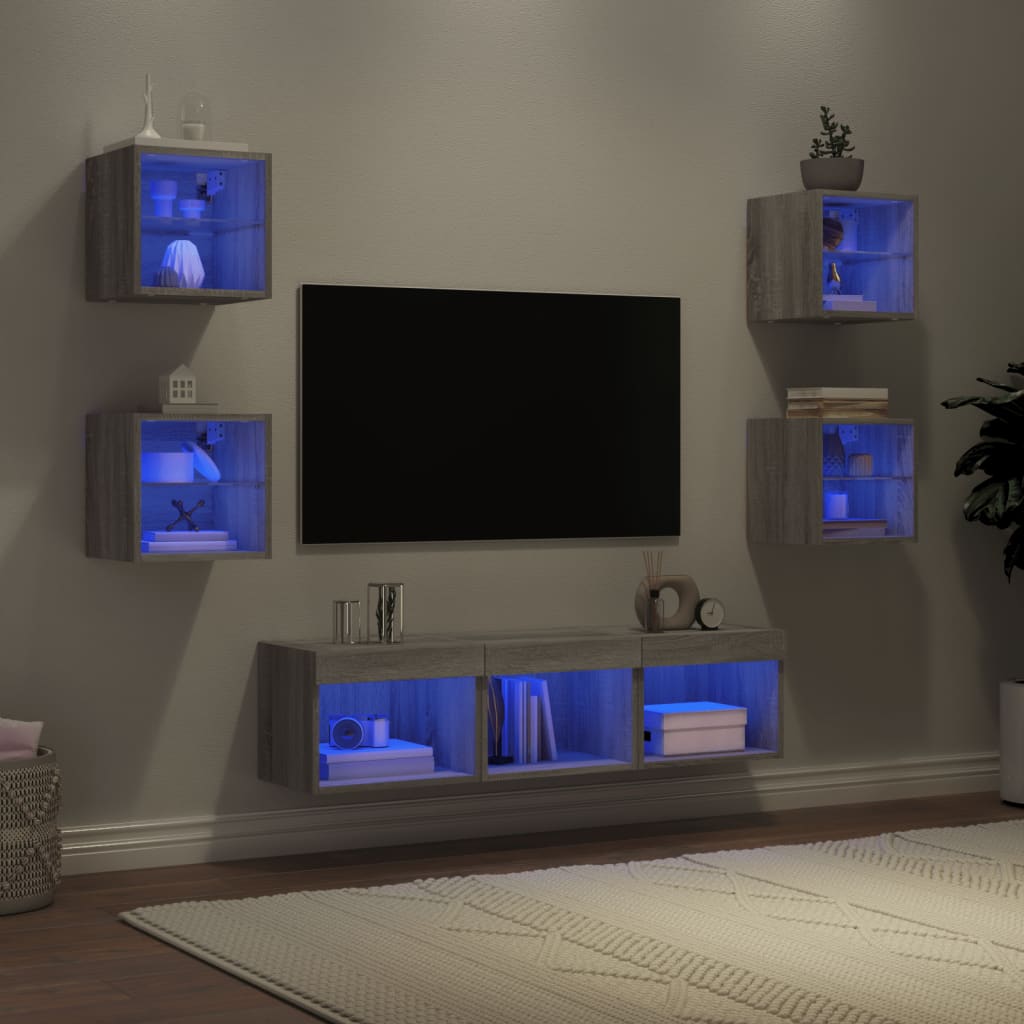 vidaXL 7-delige Tv-wandmeubelset met LED-verlichting bewerkt hout wit