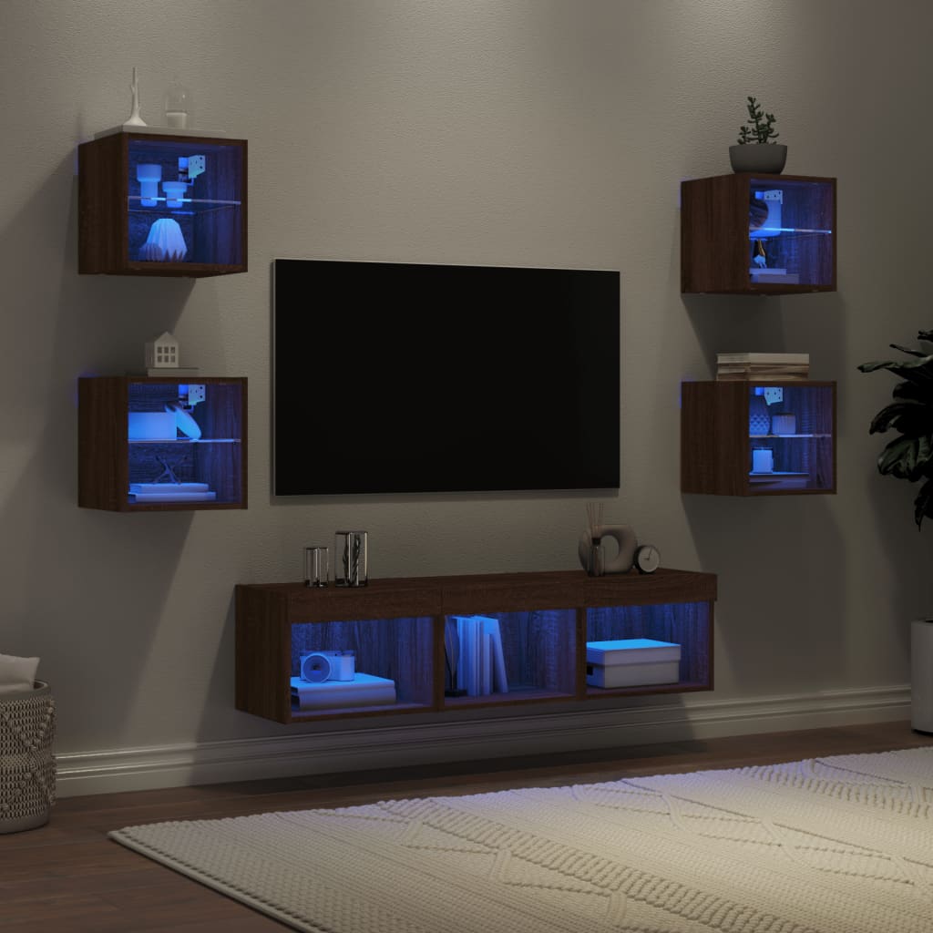 vidaXL 7-delige Tv-wandmeubelset met LED-verlichting bewerkt hout wit