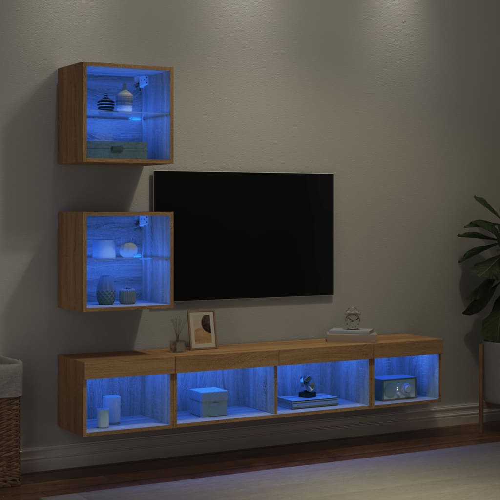 vidaXL 5-delige Tv-wandmeubelset met LED-verlichting bewerkt hout wit