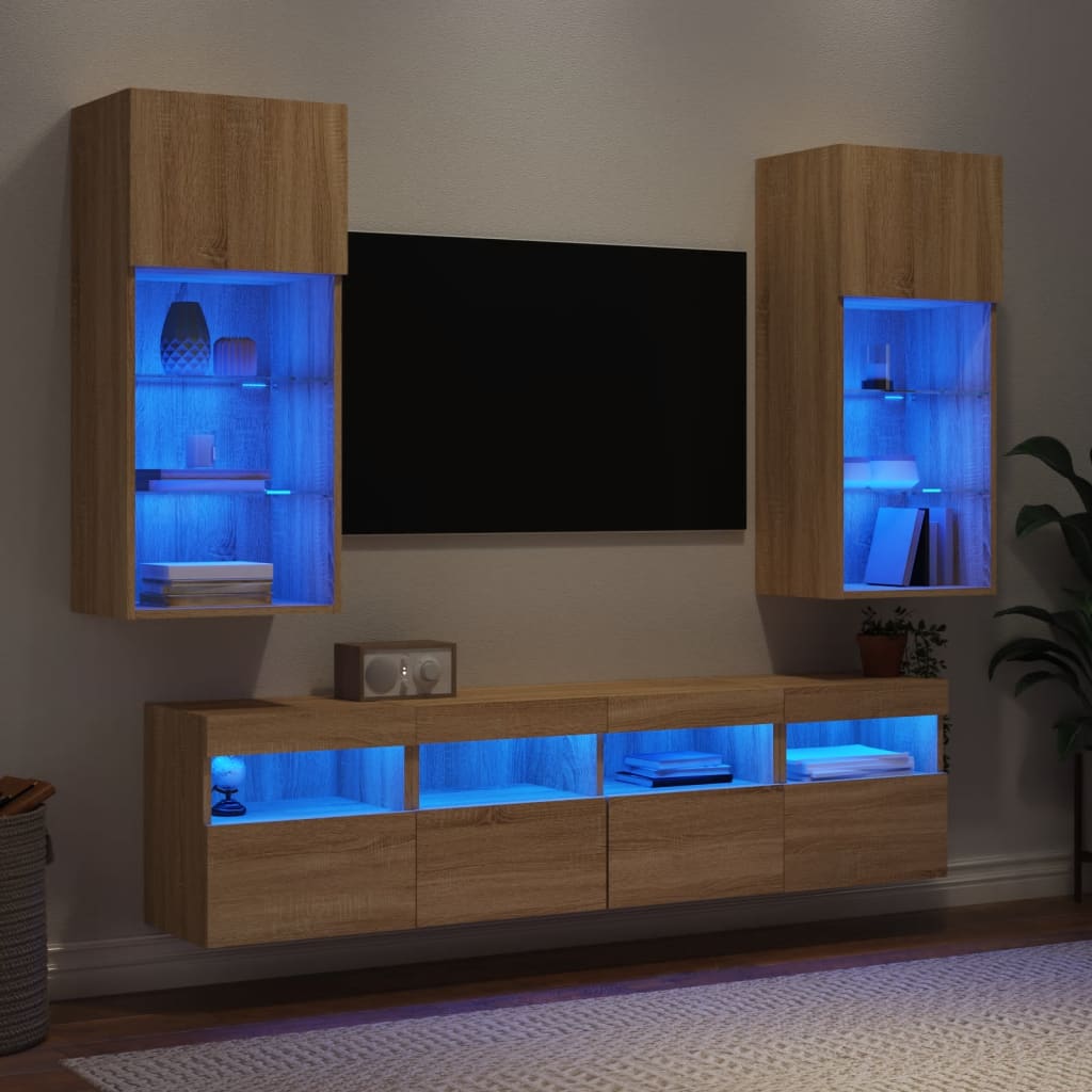 vidaXL 5-delige Tv-wandmeubelset met LED-verlichting bewerkt hout wit