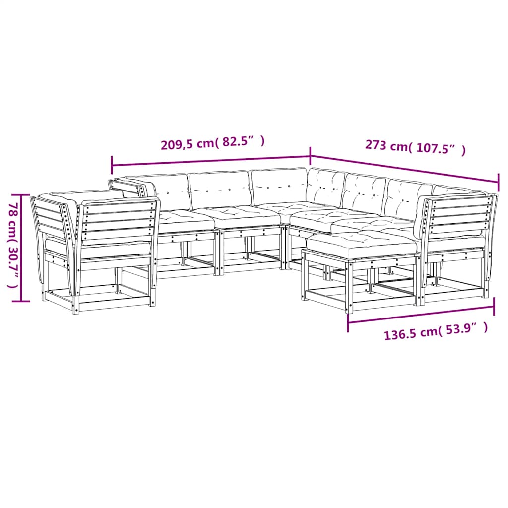 vidaXL 8-delige Loungeset met kussens massief grenenhout