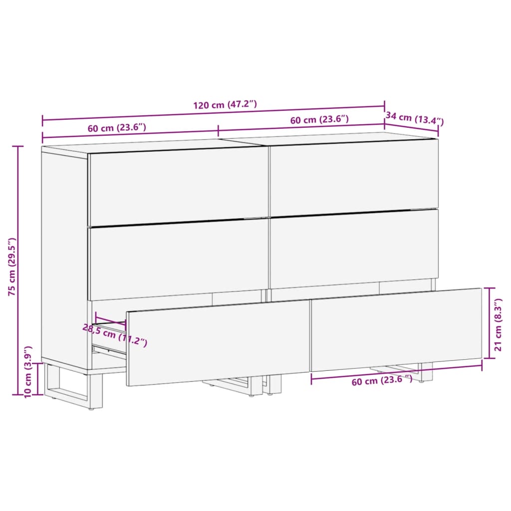 vidaXL Dressoirs 2 st 60x34x75 cm massief ruw mangohout
