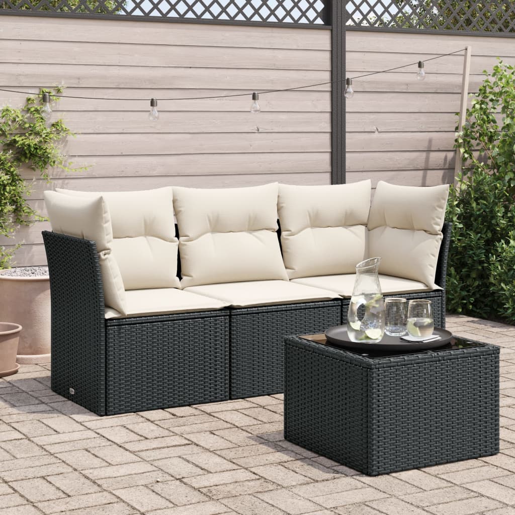 vidaXL 3-delige Loungeset met kussens poly rattan zwart