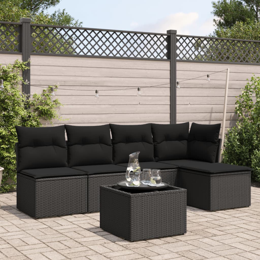 vidaXL 5-delige Loungeset met kussens poly rattan zwart