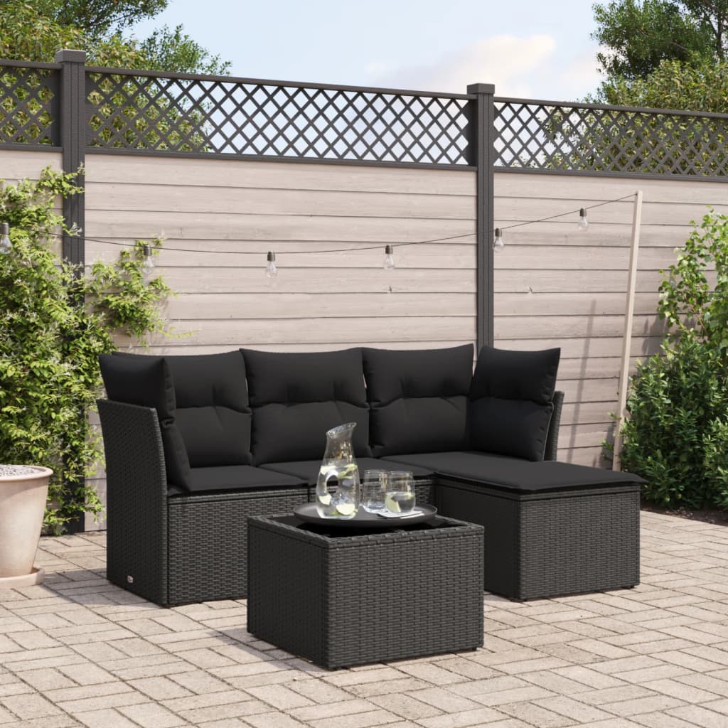 vidaXL 4-delige Loungeset met kussens poly rattan zwart