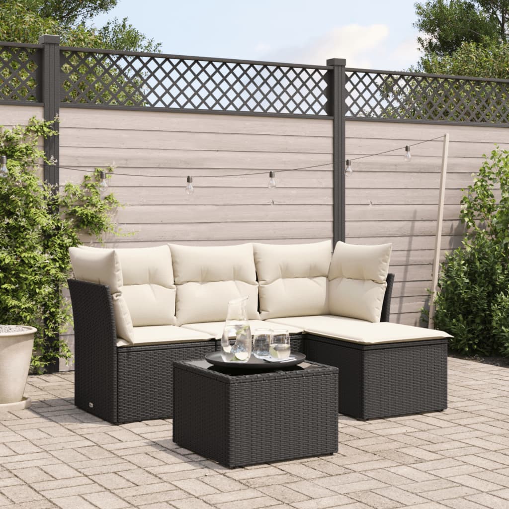 vidaXL 4-delige Loungeset met kussens poly rattan zwart