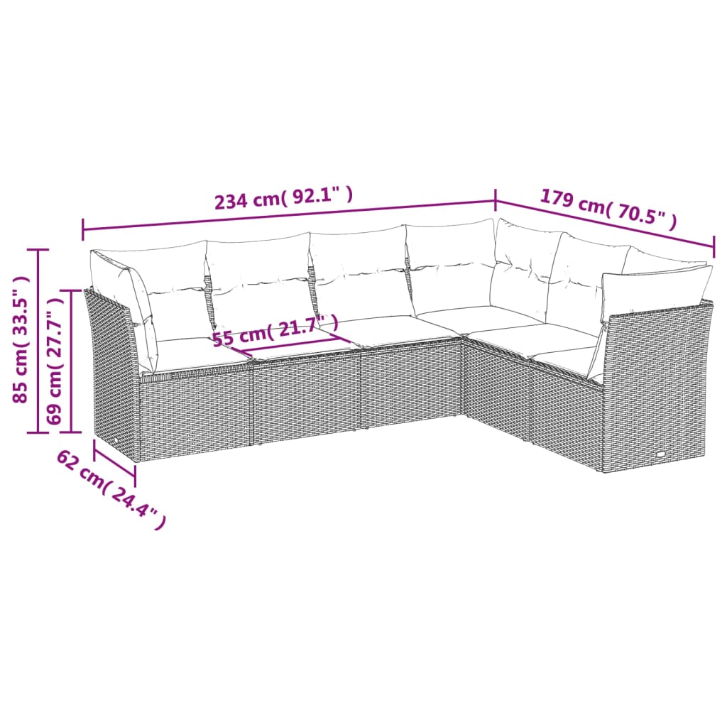 vidaXL 6-delige tuinbankset met kussens, grijs polyrotan