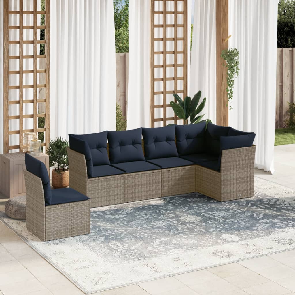 vidaXL 6-Piece Garden Sofa Set with Cushions, Grey Poly Rattan