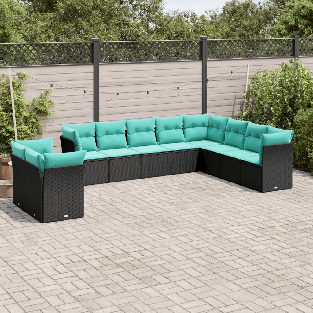 vidaXL 10-delige tuinbankset met kussens van zwart polyrotan