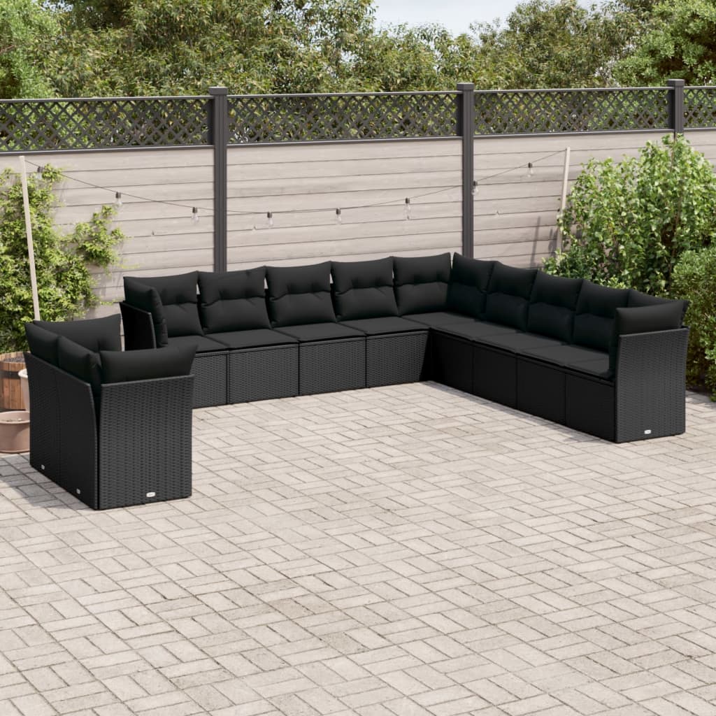 vidaXL 11-Piece Lounge Set with Cushions Poly Rattan Black