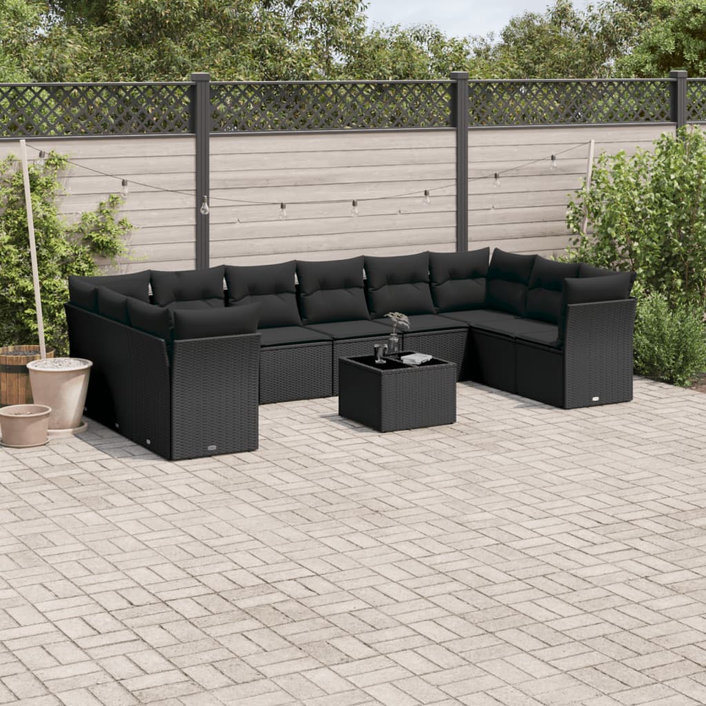vidaXL 10-delige Loungeset met kussens poly rattan zwart
