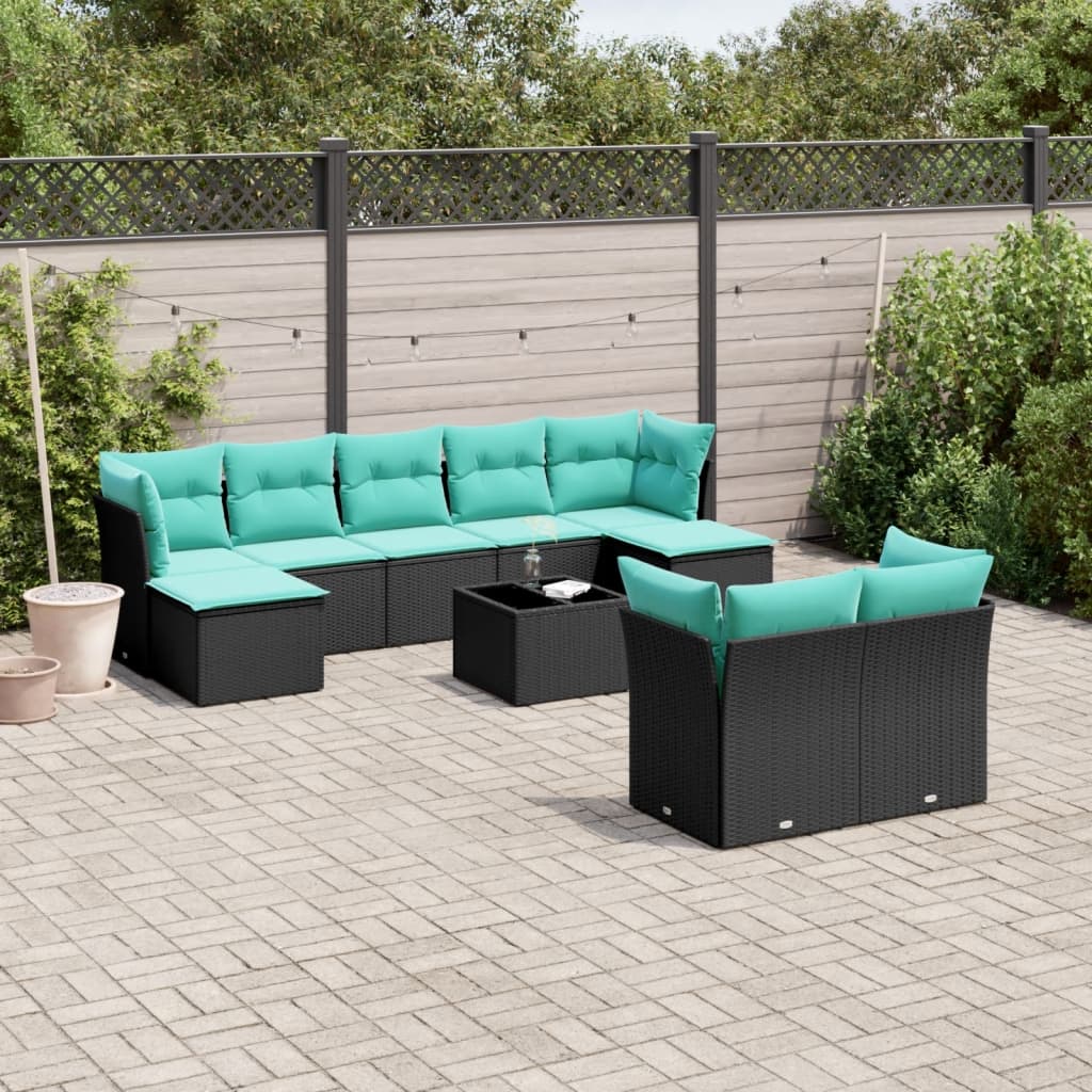 vidaXL 10-piece Garden Sofa Set with Cushions Black Poly Rattan