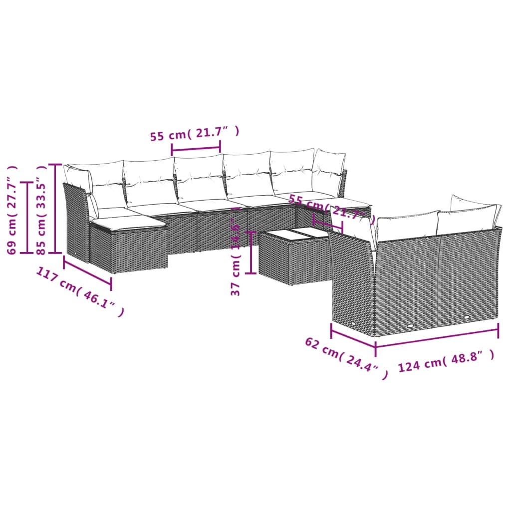 vidaXL 10-piece Garden Sofa Set with Cushions Black Poly Rattan