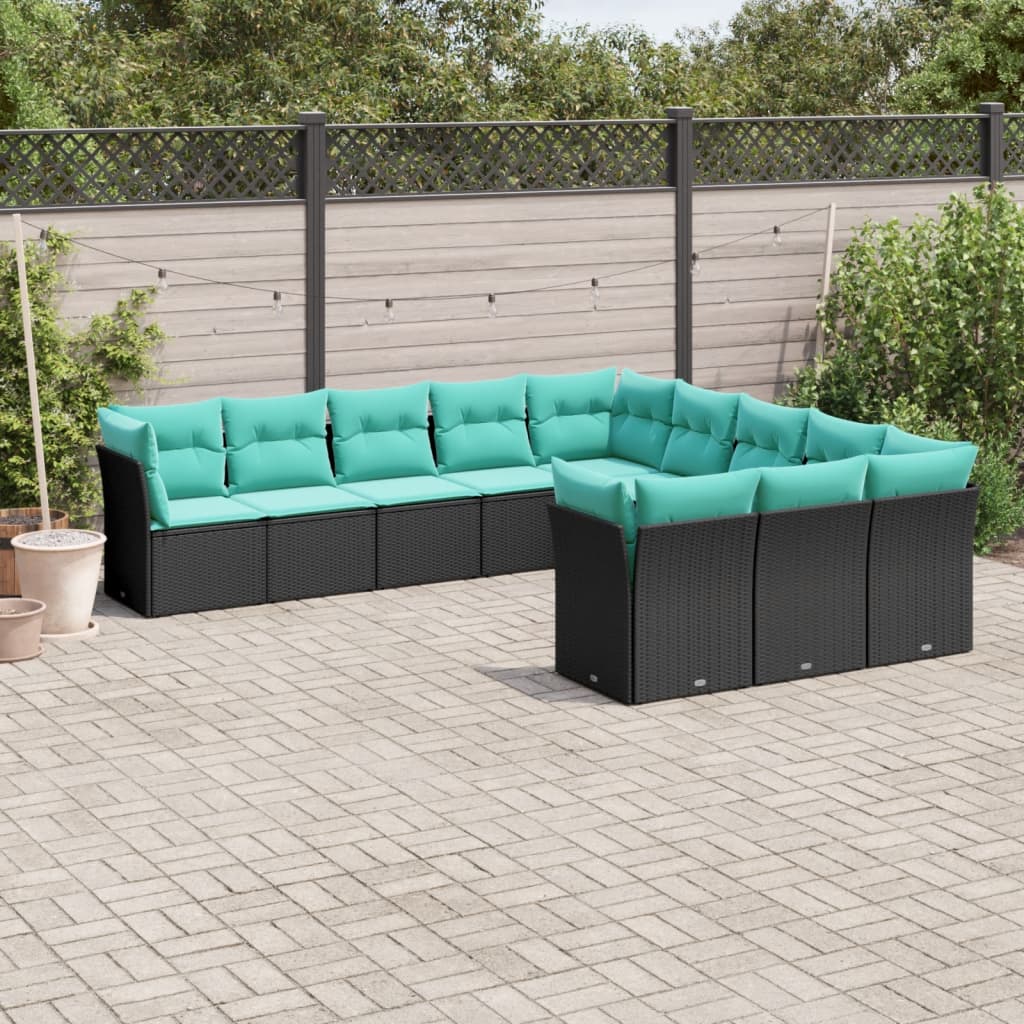 vidaXL 11-delige tuinbankset met kussens, zwart polyrotan
