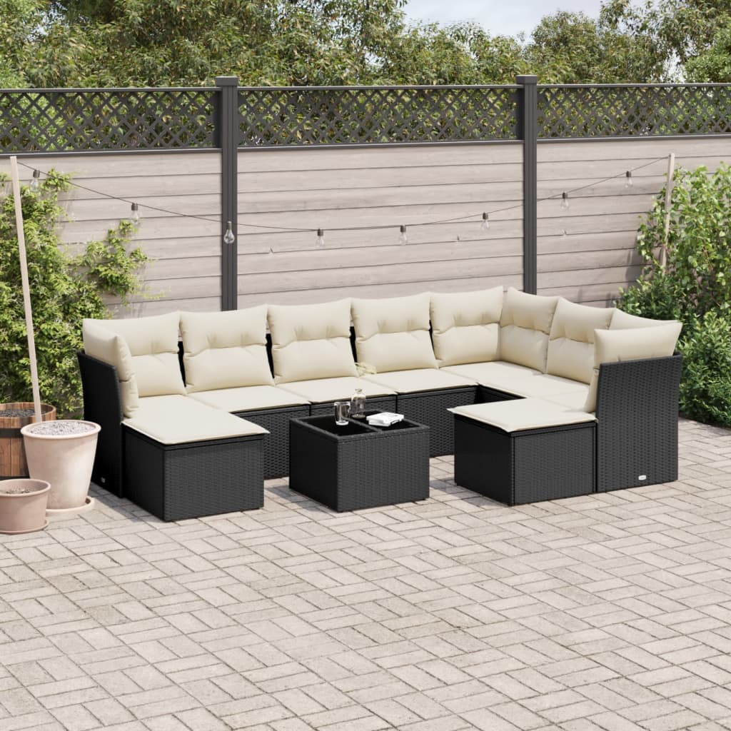vidaXL 9-delige Loungeset met kussens poly rattan zwart