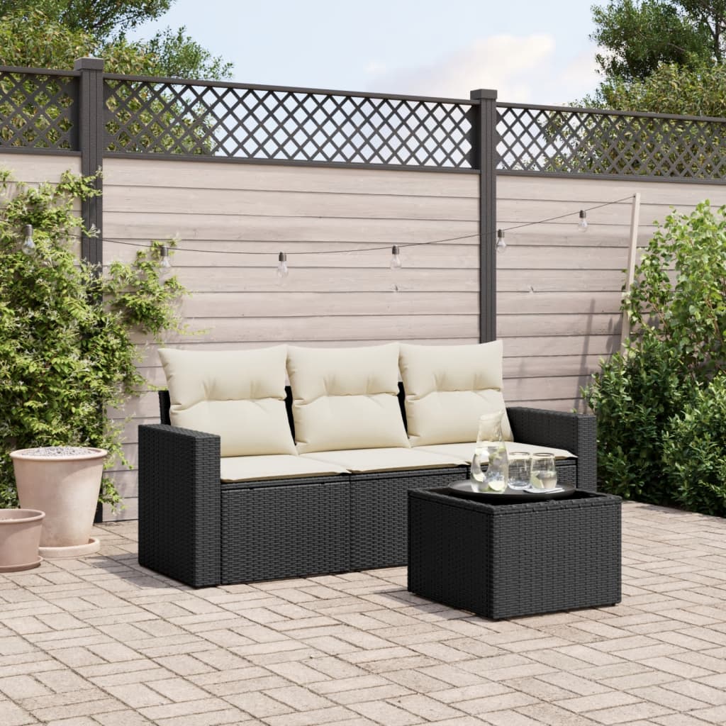vidaXL 3-delige Loungeset met kussens poly rattan zwart