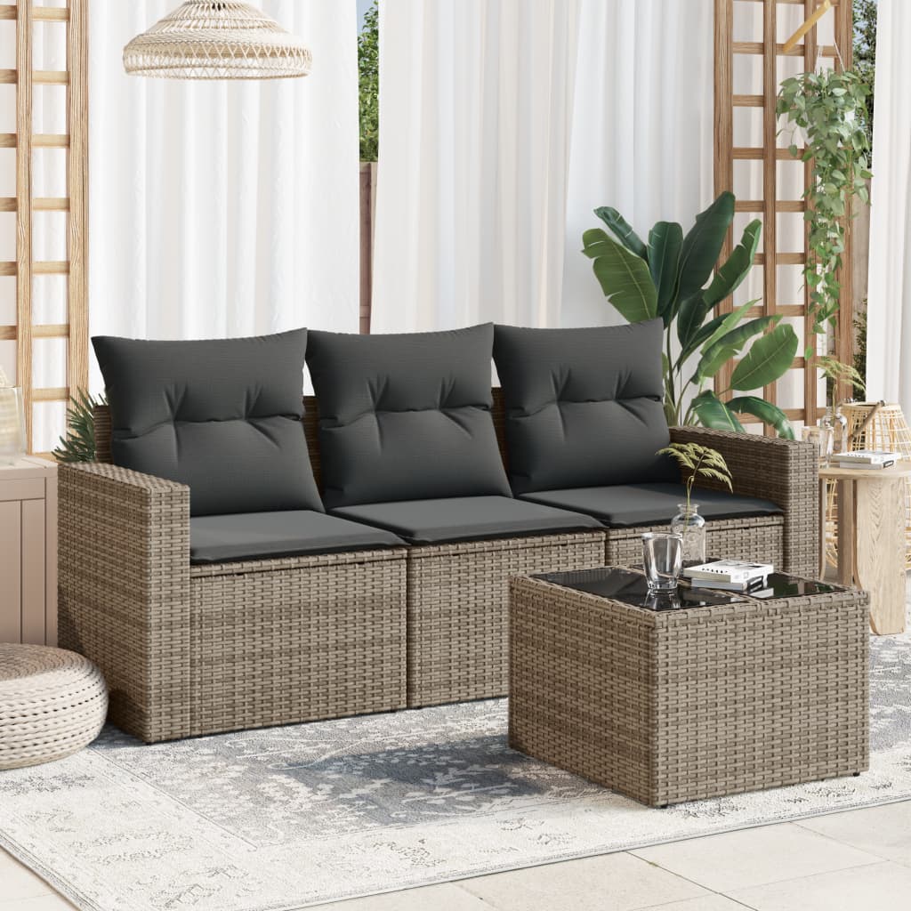 vidaXL 3-delige Loungeset met kussens poly rattan zwart