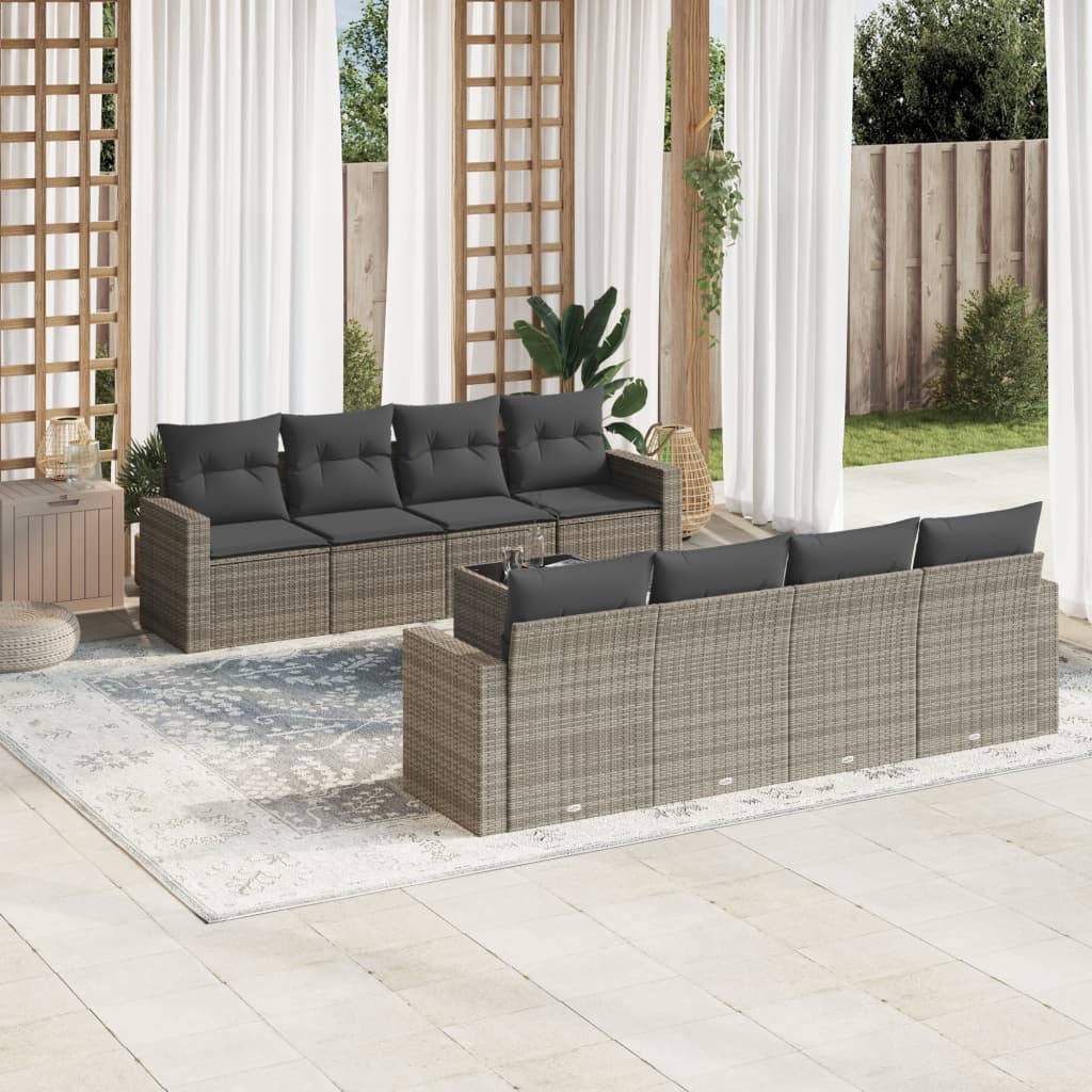 vidaXL 9-delige Loungeset met kussens poly rattan zwart