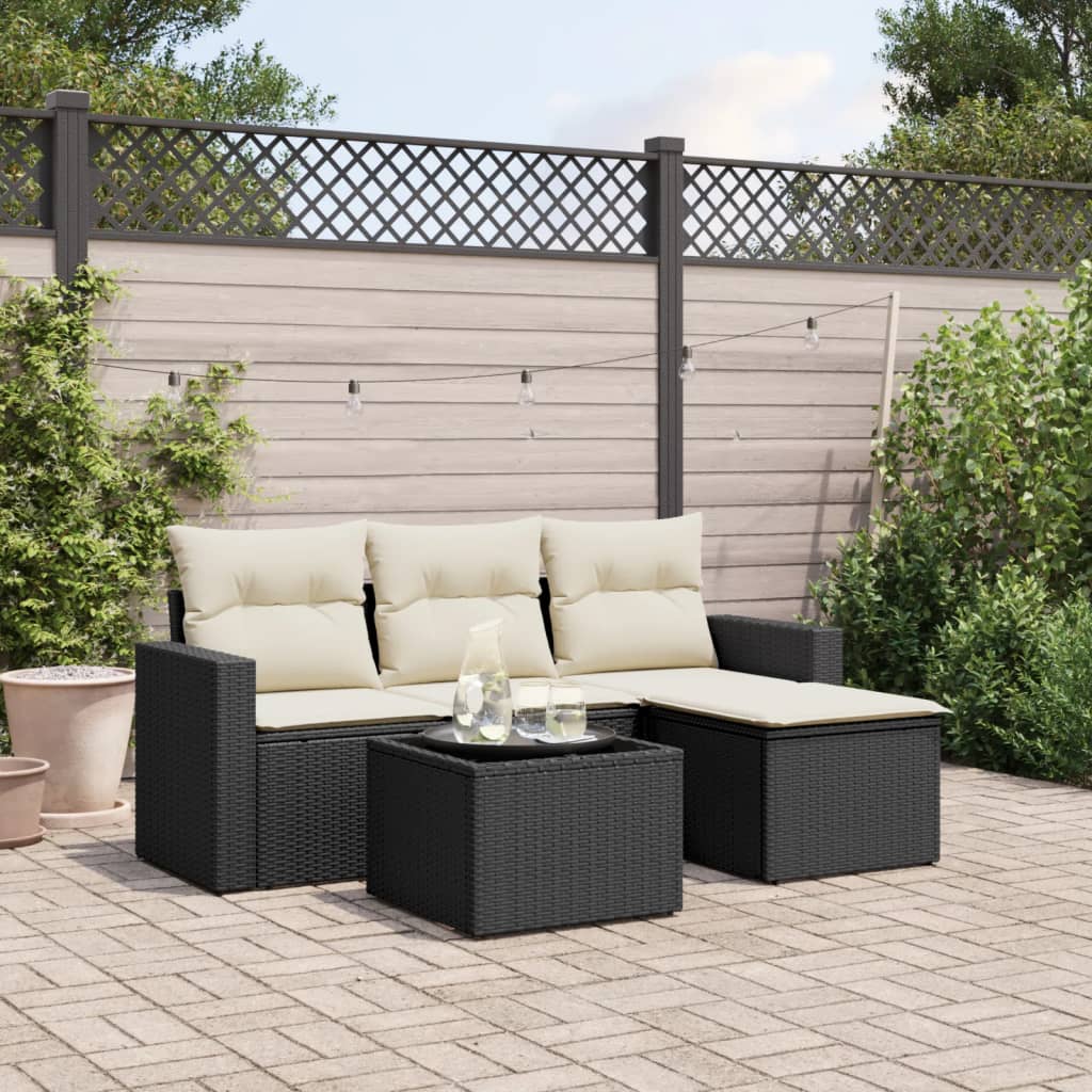 vidaXL 4-delige Loungeset met kussens poly rattan zwart