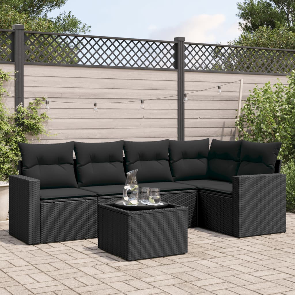 vidaXL 5-delige Loungeset met kussens poly rattan zwart