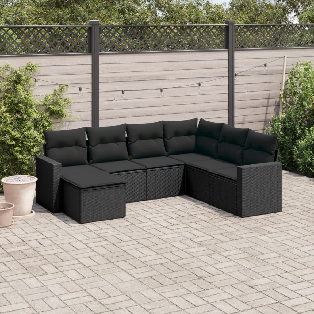 vidaXL 7-Piece Lounge Set with Cushions Poly Rattan Black