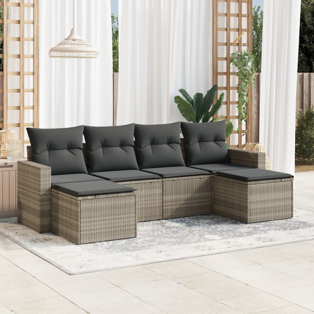 vidaXL 6-delige Loungeset met kussens poly rattan zwart