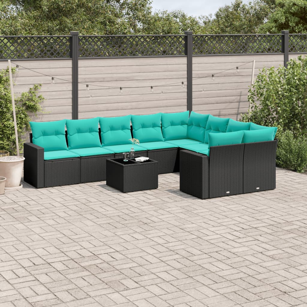vidaXL 9-delige Loungeset met kussens poly rattan zwart