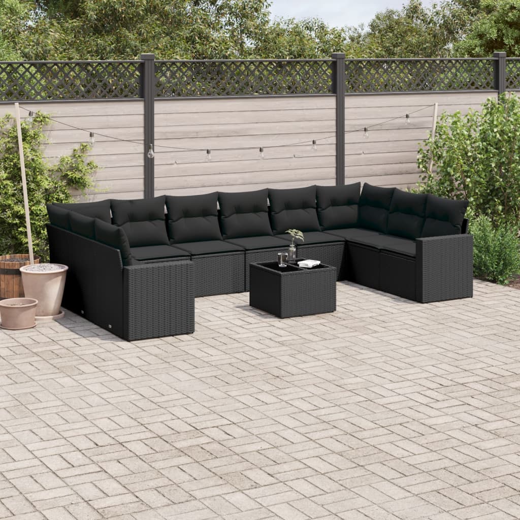 vidaXL 10-delige Loungeset met kussens poly rattan zwart