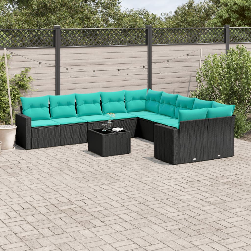 vidaXL 10-delige Loungeset met kussens poly rattan zwart