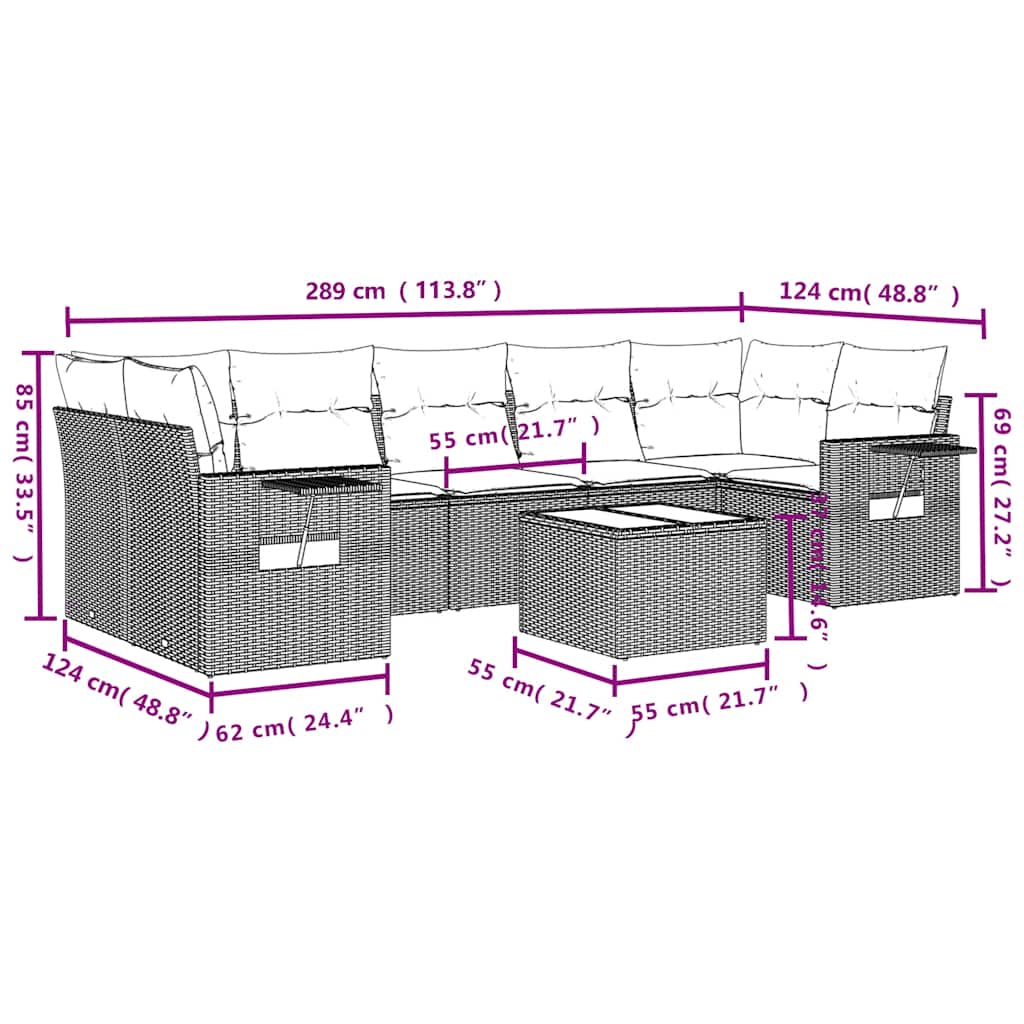 vidaXL 8-delige tuinbankset met kussens, zwart polyrotan