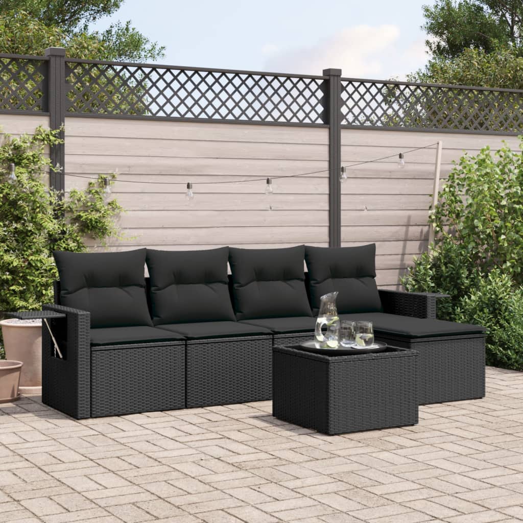 vidaXL 5-delige Loungeset met kussens poly rattan zwart