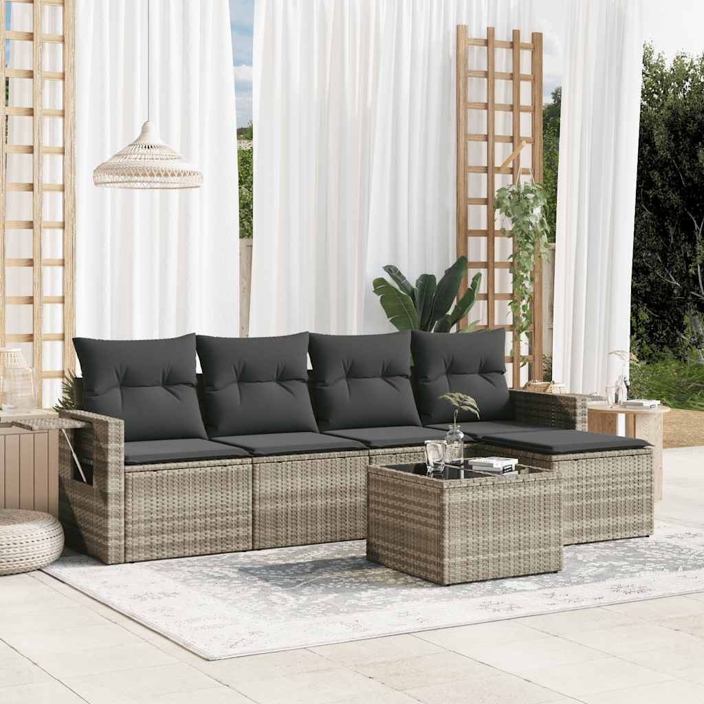 vidaXL 5-delige Loungeset met kussens poly rattan zwart