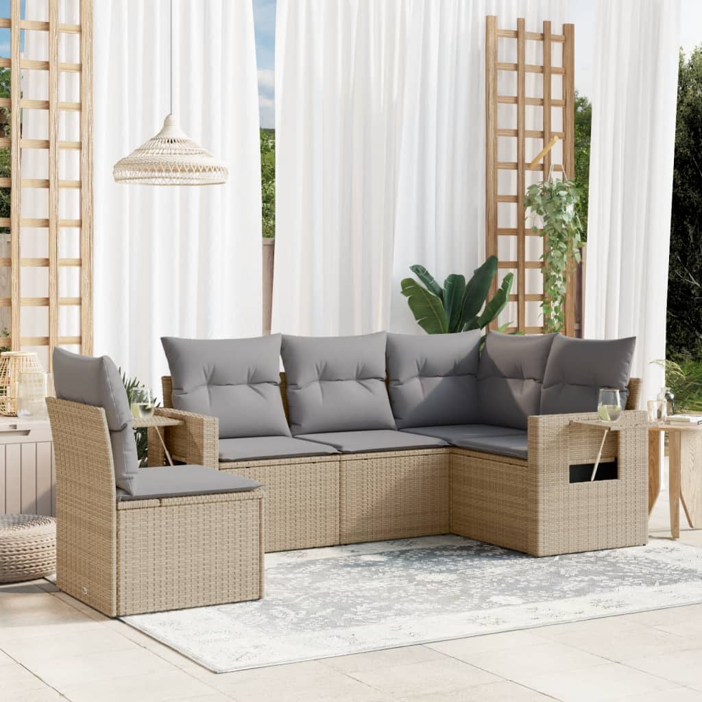 vidaXL 5-delige Loungeset met kussens poly rattan zwart
