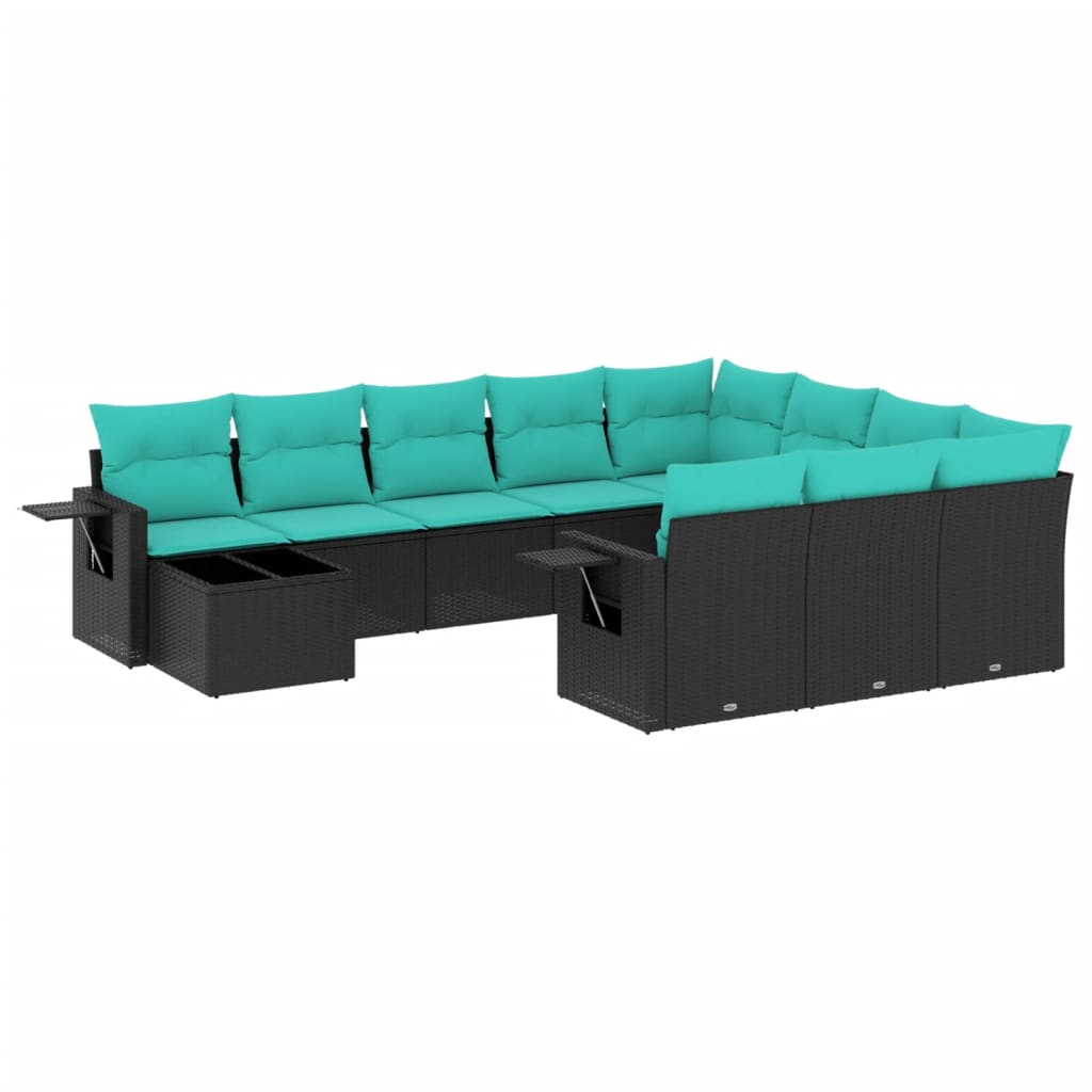 vidaXL 11-delige tuinbankset met kussens, zwart polyrotan