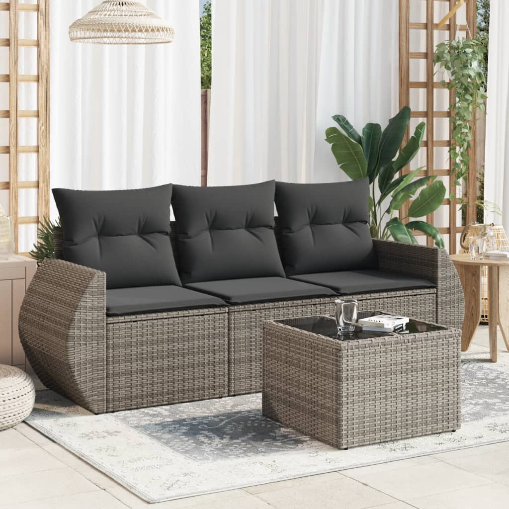 vidaXL 3-delige Loungeset met kussens poly rattan zwart