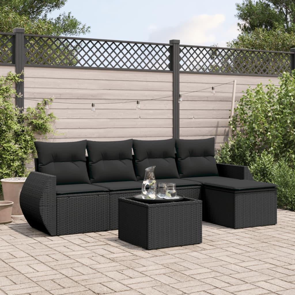 vidaXL 5-delige Loungeset met kussens poly rattan zwart