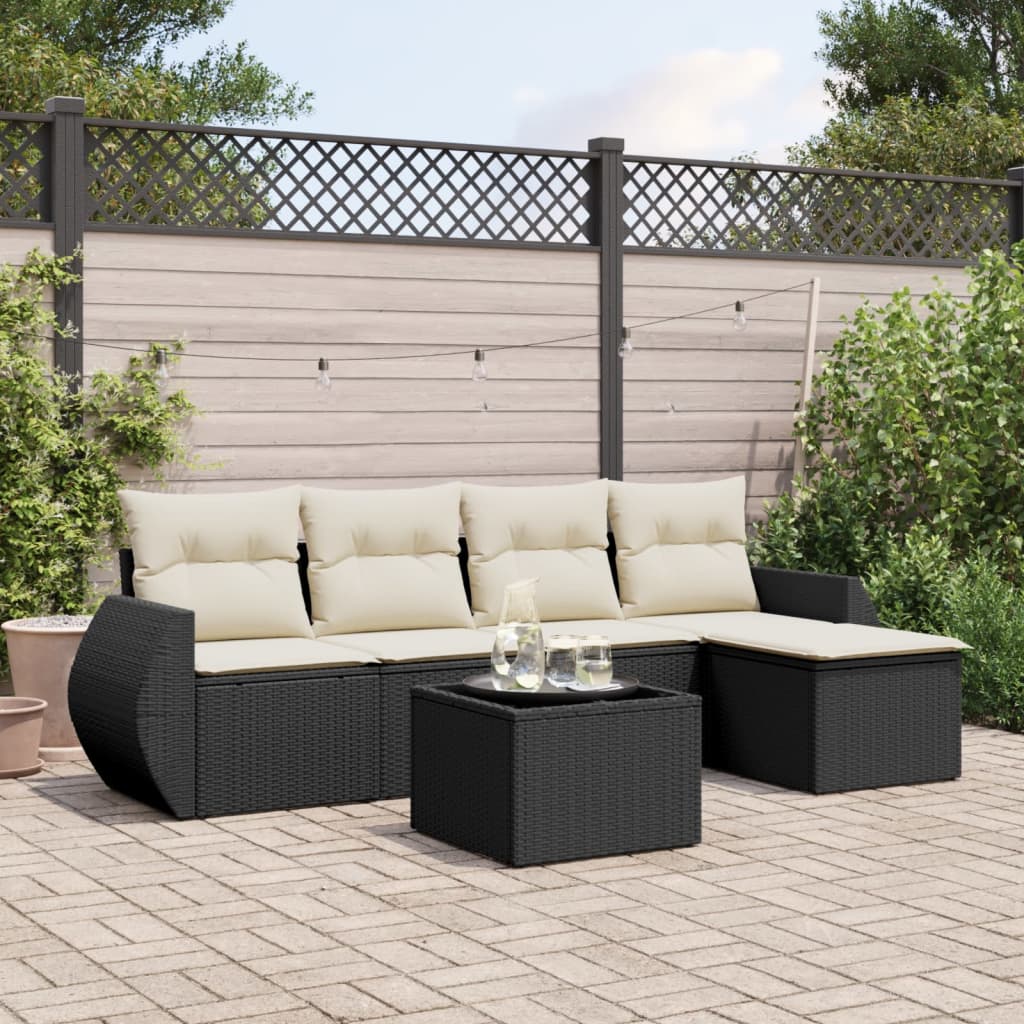 vidaXL 5-delige Loungeset met kussens poly rattan zwart