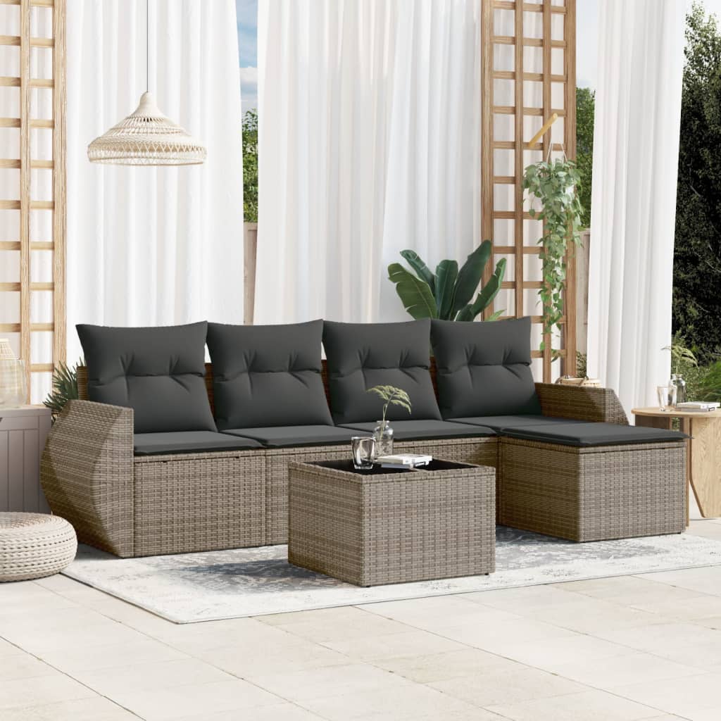 vidaXL 5-delige Loungeset met kussens poly rattan zwart