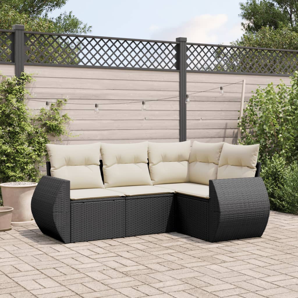 vidaXL 4-delige Loungeset met kussens poly rattan zwart
