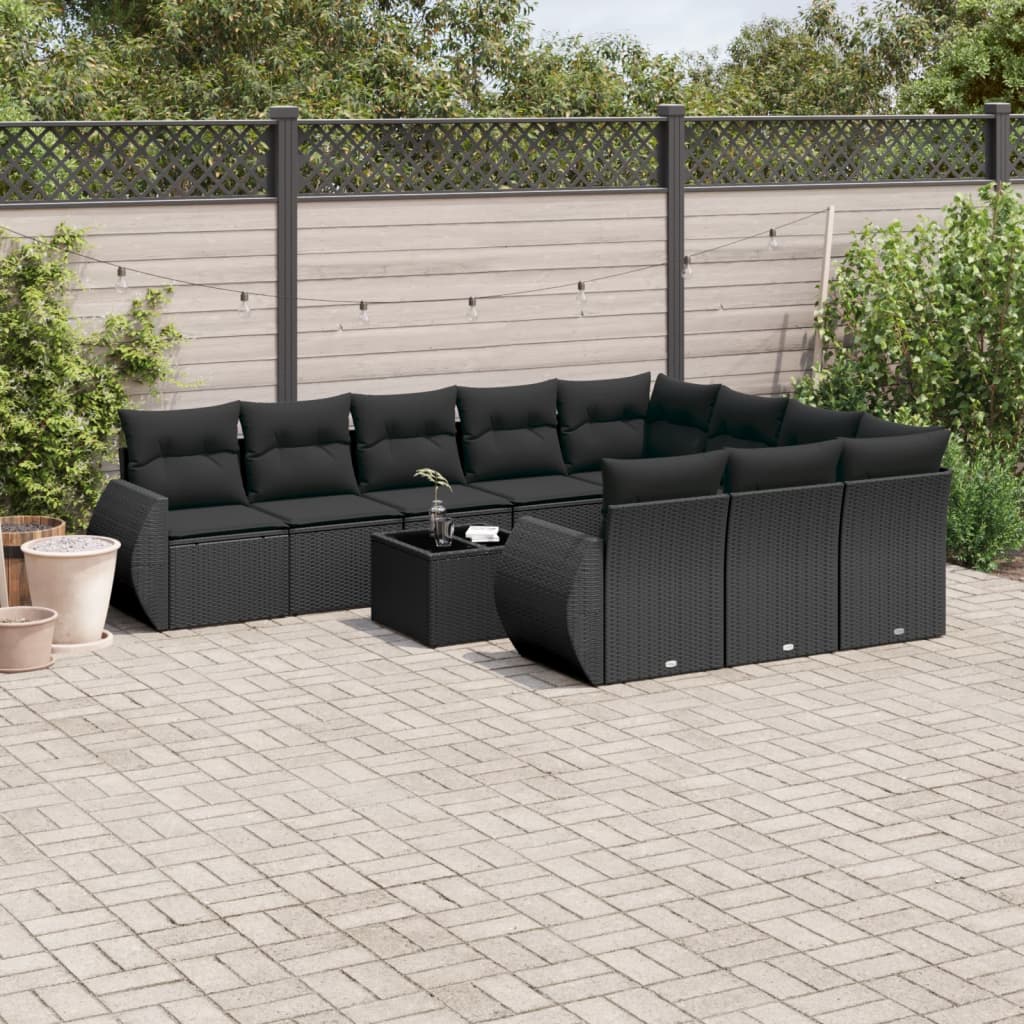 vidaXL Ensemble de salon 10 personnes avec coussins en poly rotin noir