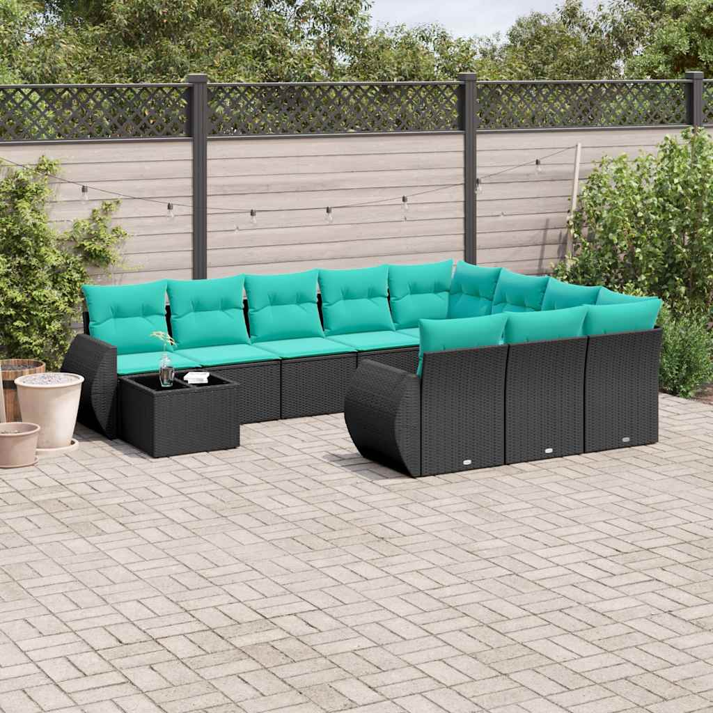 vidaXL 11-Piece Garden Lounge Set with Cushions, Black Poly Rattan