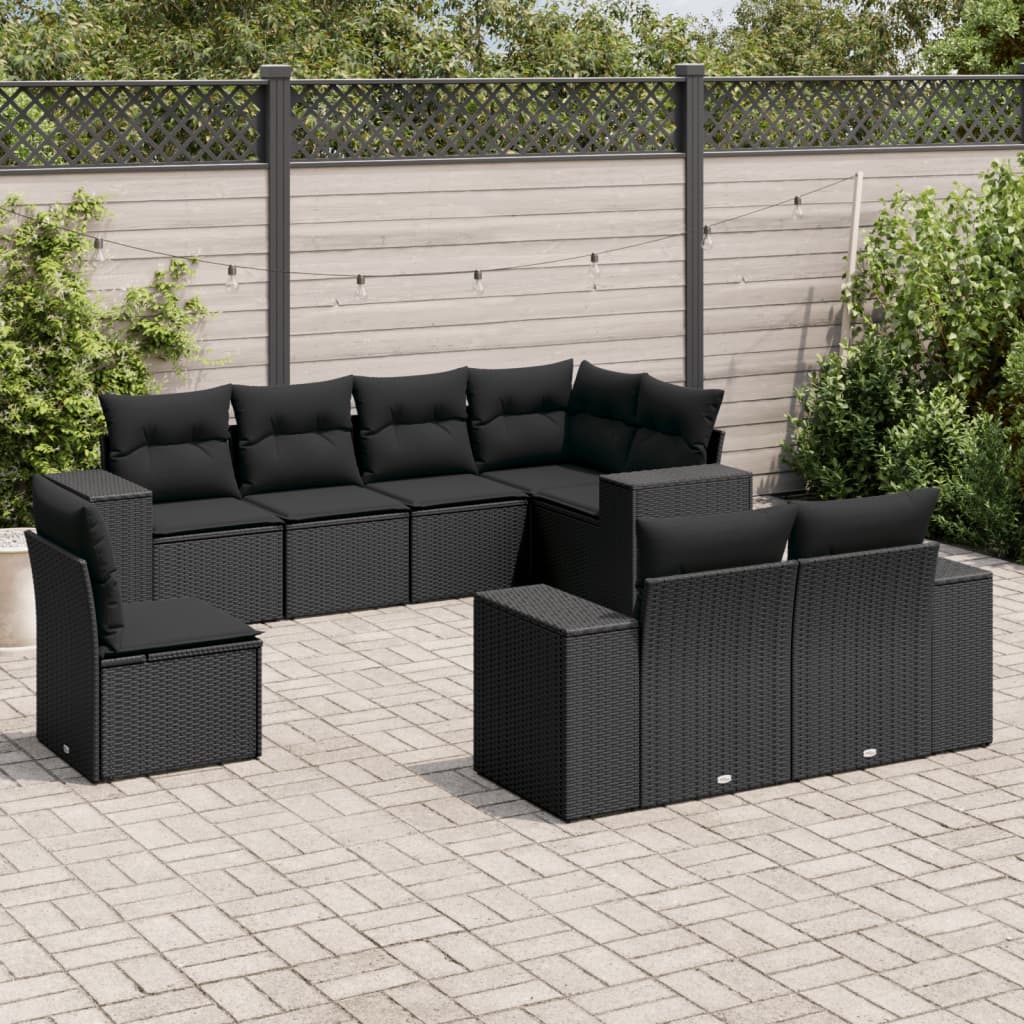 vidaXL 8-delige Loungeset met kussens poly rattan zwart