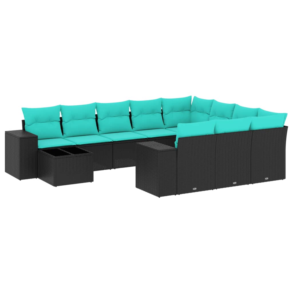 vidaXL 11-delige tuinbankset met kussens, zwart polyrotan