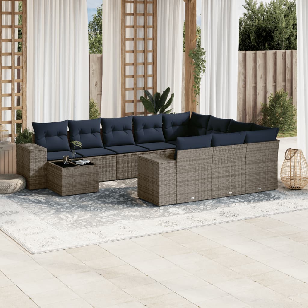 vidaXL 11-delige tuinbankset met kussens, zwart polyrotan