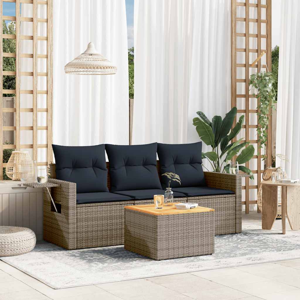 vidaXL 4-delige tuinbankset met kussens, zwart polyrotan